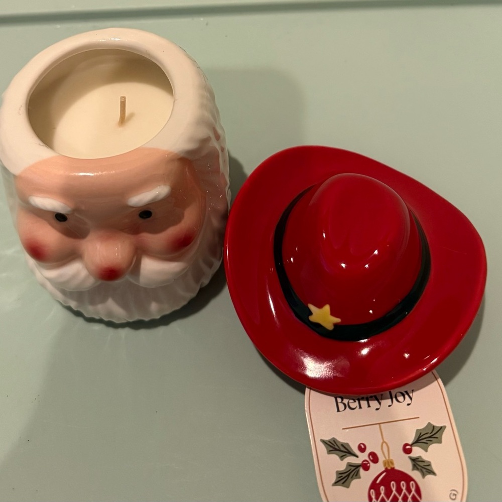 Cute Destination Holiday Ceramic Cowboy Santa Christmas Candle with Lid- NWT - Picture 4 of 5